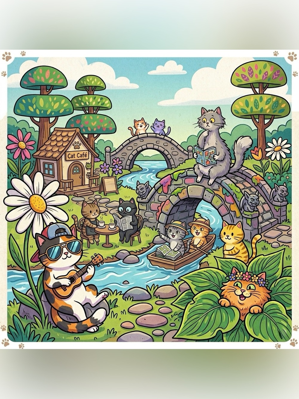 Whimsical Cat Cafe Garden Paper Print - Colorful Cats